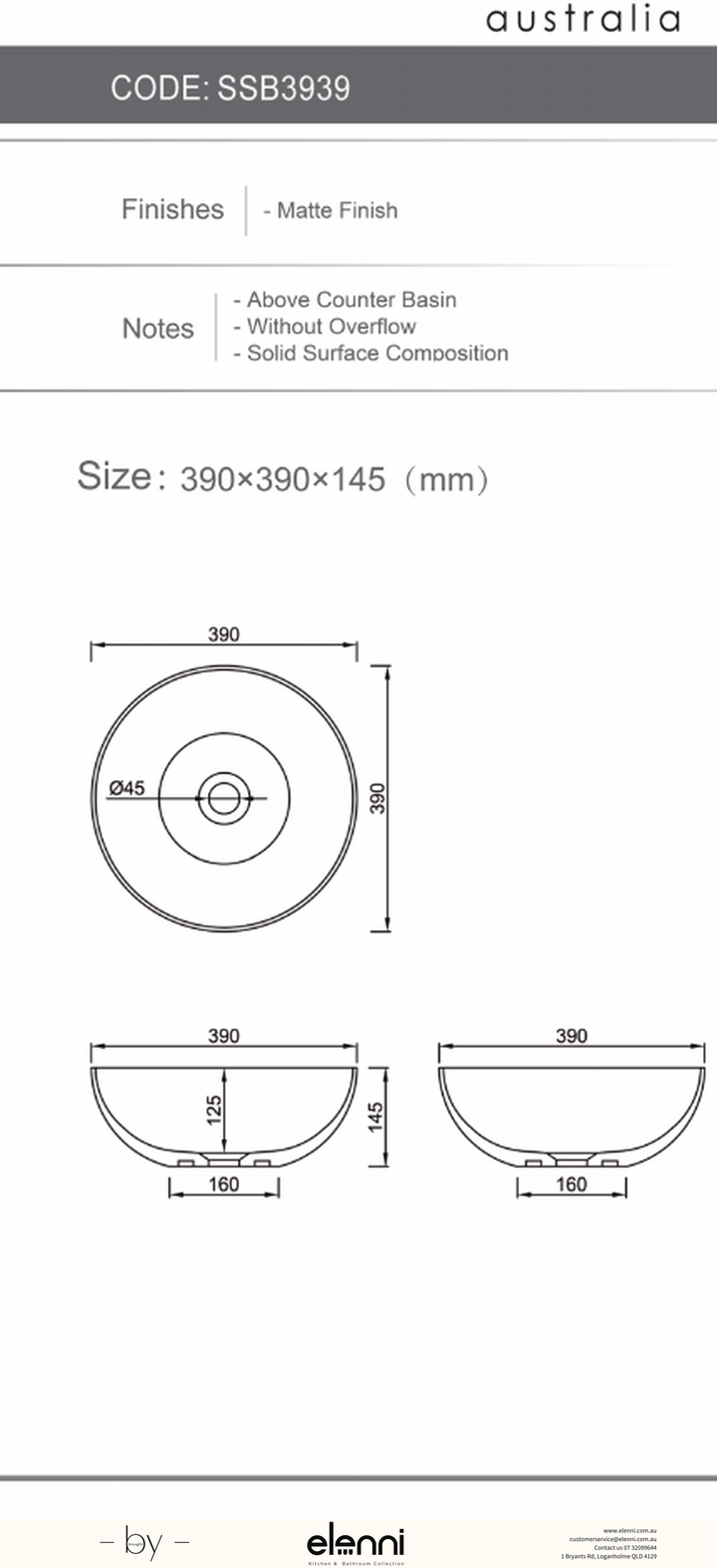 Elenni specification drawing — London Solid Surface 390x390x145 Matte White Basin NF