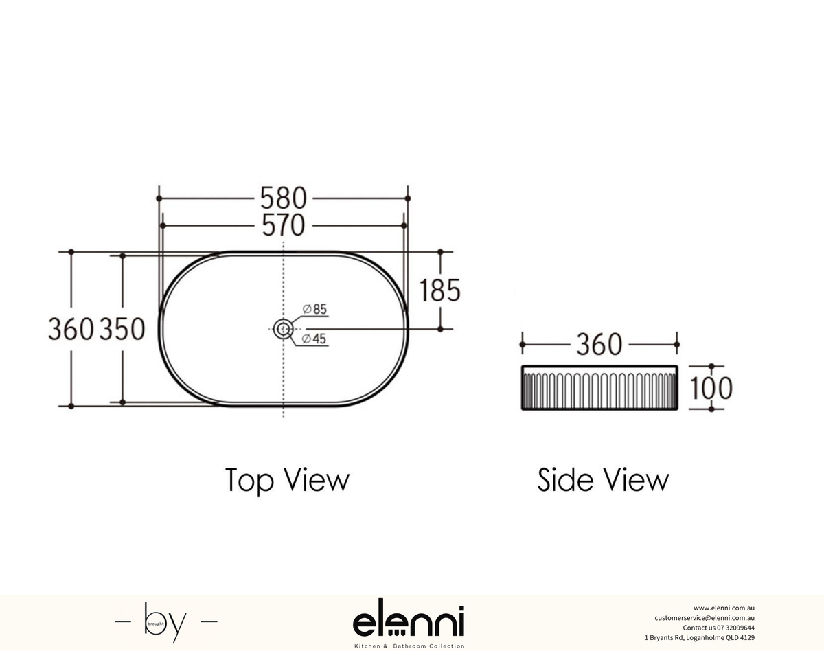 Kensington Oval 580x360x120 Matte Pink Basin - Elenni specification drawing