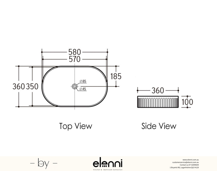 Kensington Oval 580x360x120 Matte Pink Basin - Elenni specification drawing