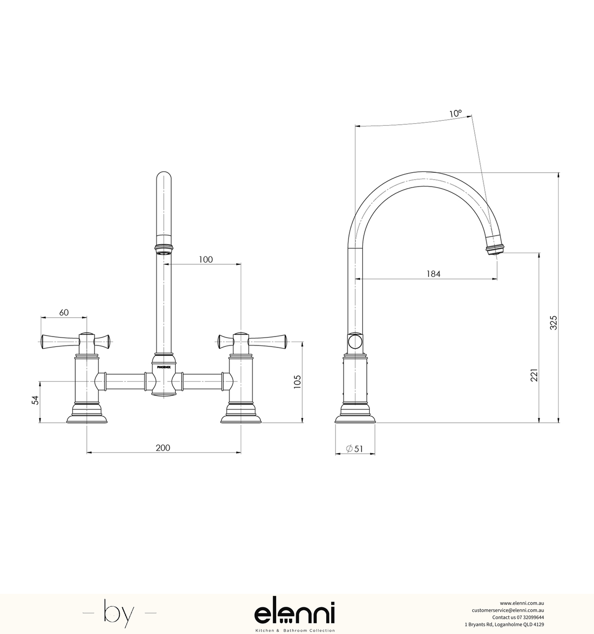 Elenni specification drawing — Cromford Exposed Sink Set 180mm