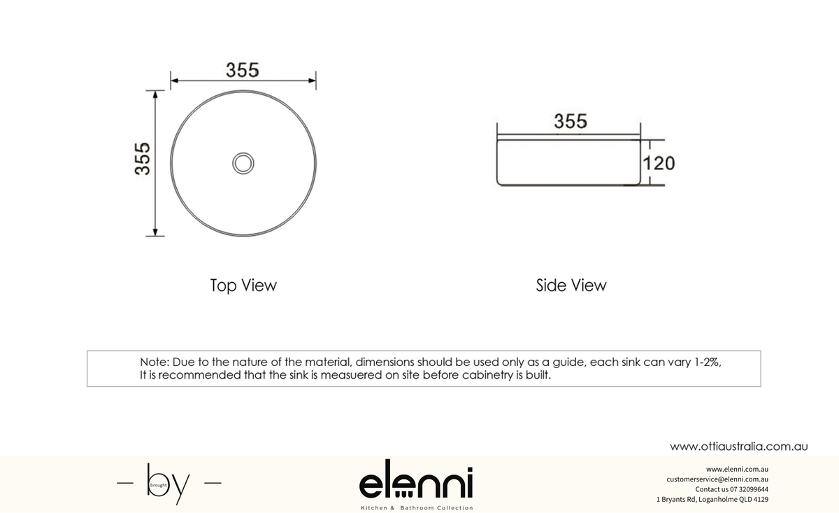 Elenni specification drawing — Artis 88 355x355x120 Matte White Basin
