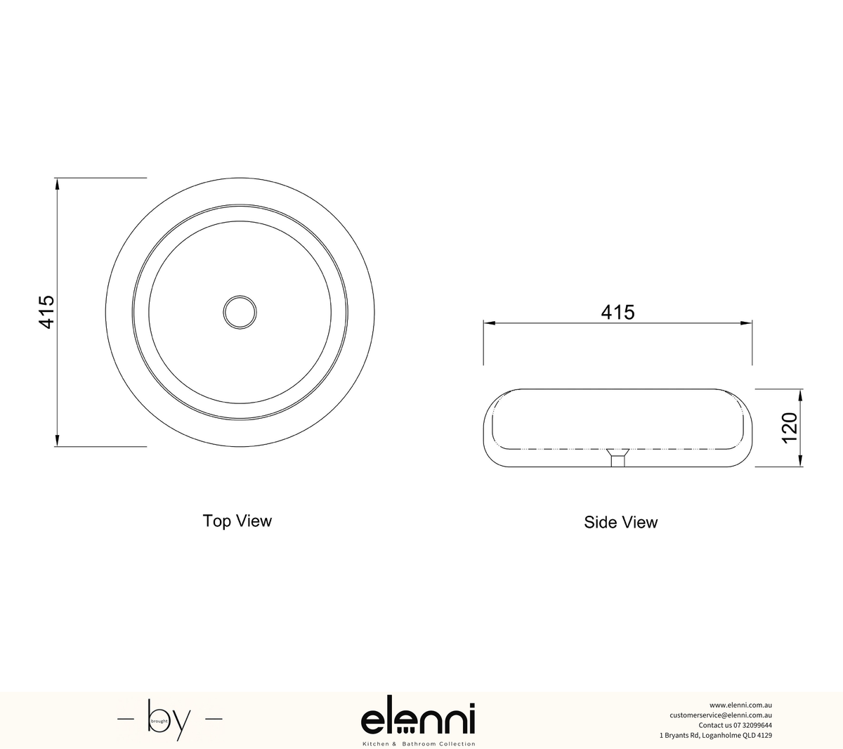 Laguna 415x415x120 Matte White Basin - Elenni specification drawing