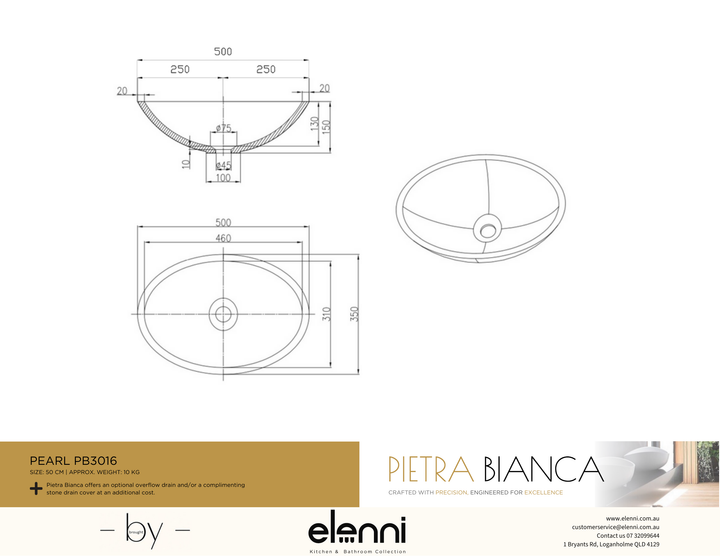 Pearl Above Counter Basin - Elenni specification drawing