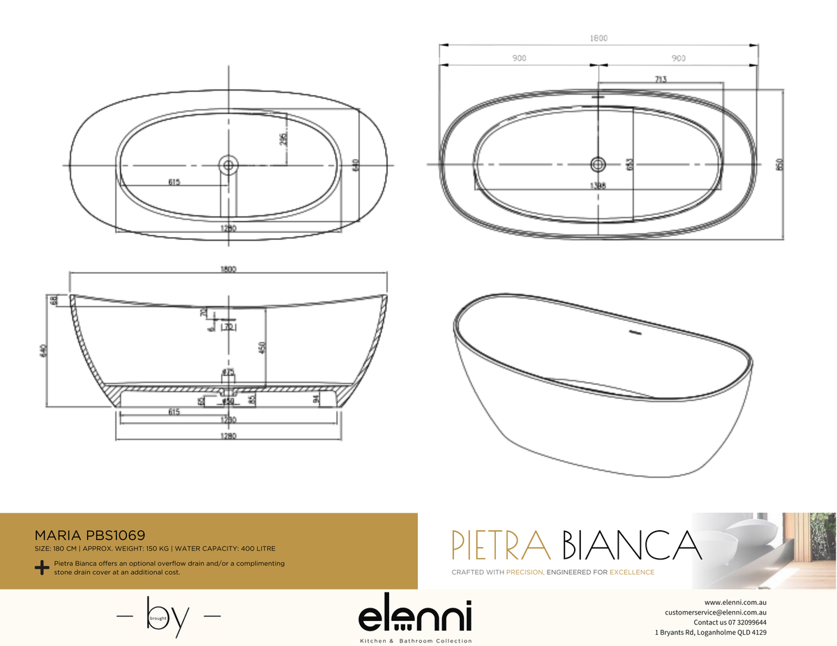 Maria 1800mm Freestanding Bath - Elenni specification drawing