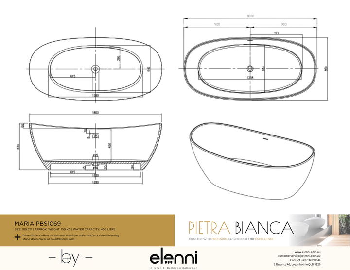 Maria 1800mm Freestanding Bath - Elenni specification drawing