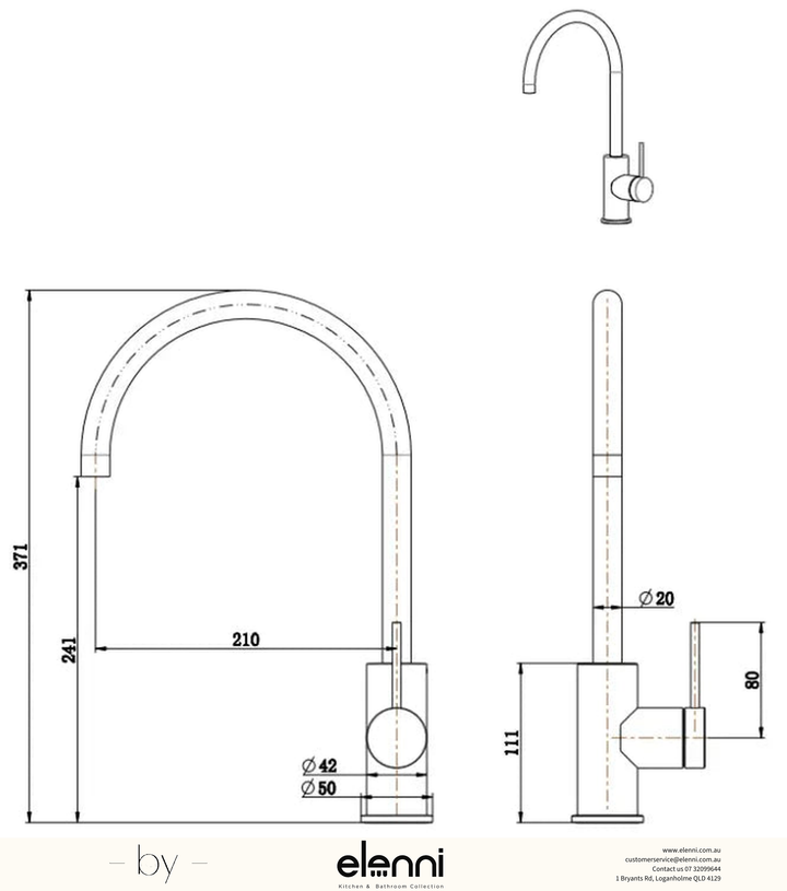 Mica Gooseneck Sink Mixer - Elenni specification drawing