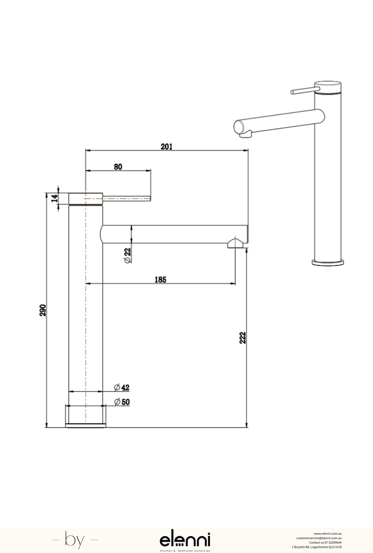 Elenni specification drawing — Mica Straight Tall Basin Mixer