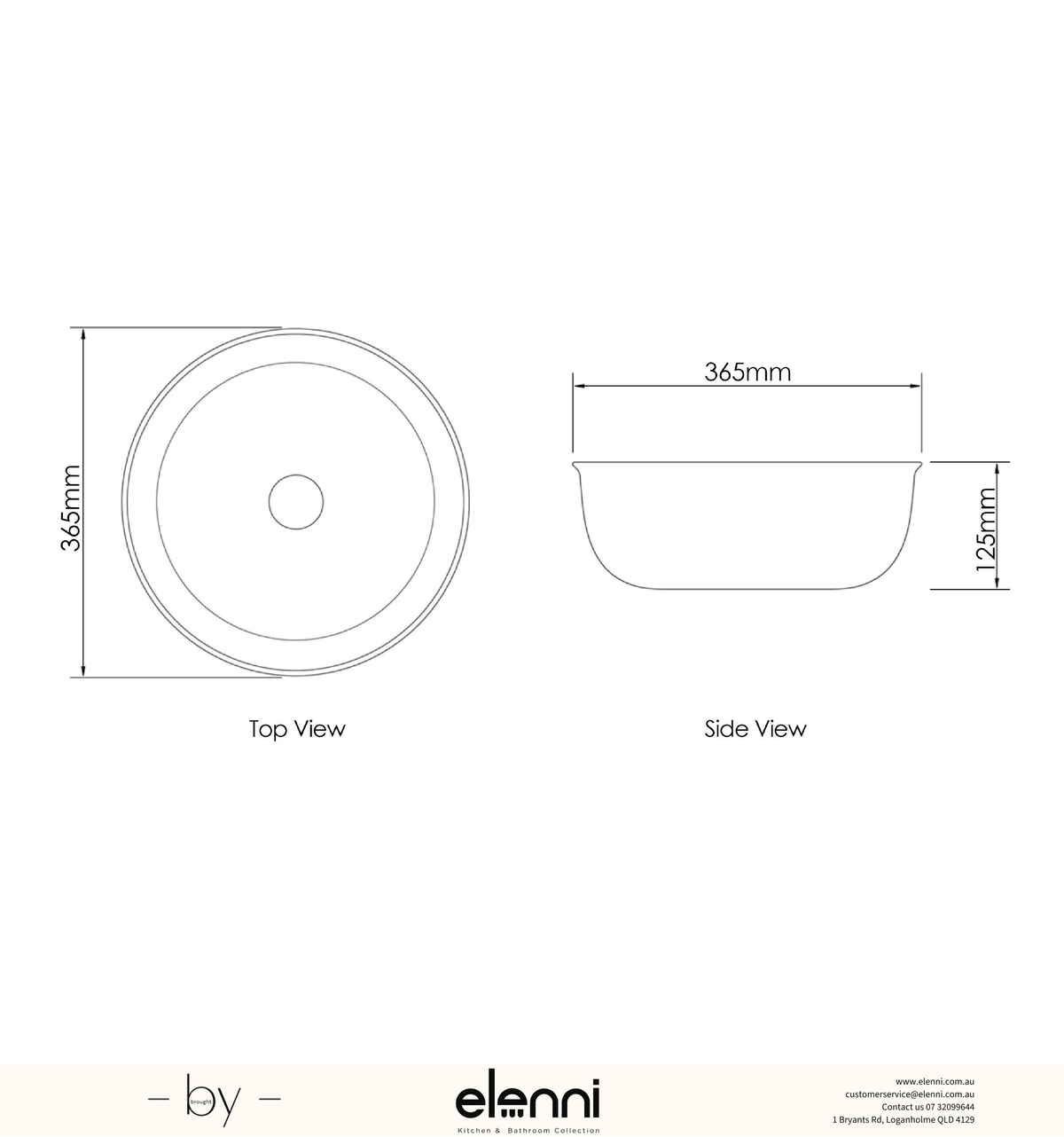 Bronte Round 360x360x130 Matte Black Basin - Elenni specification drawing