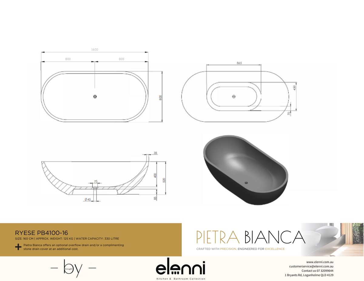 Ryese 1600mm Freestanding Bath - Elenni specification drawing