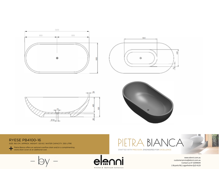 Ryese 1600mm Freestanding Bath - Elenni specification drawing