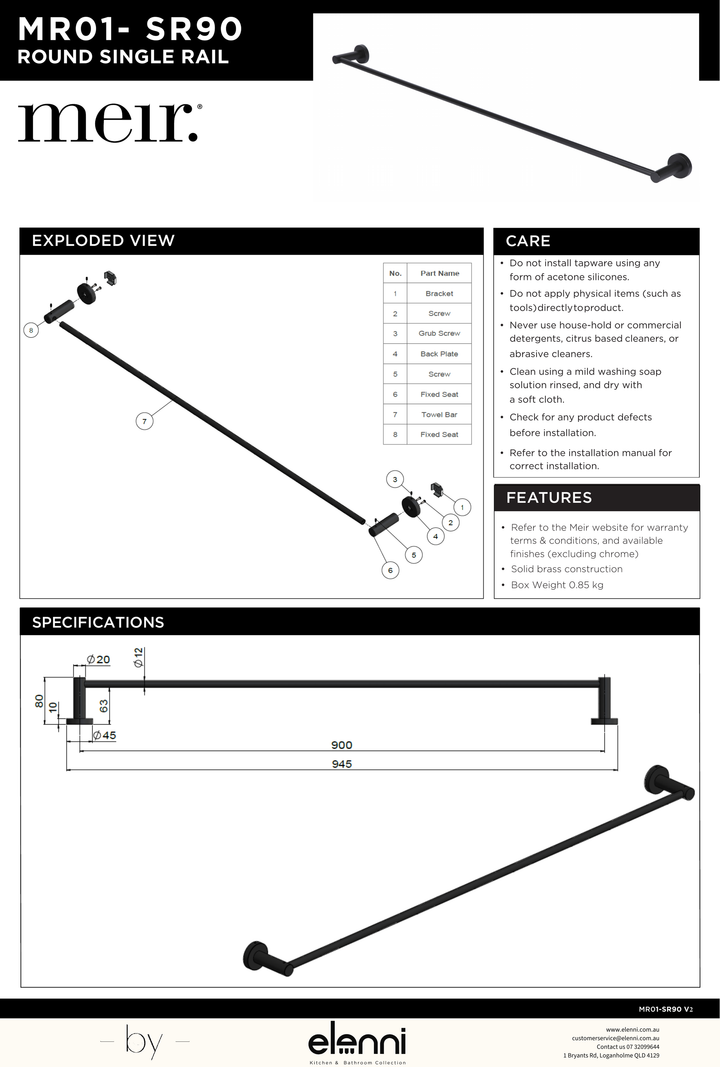 Round Single Towel Rail - Elenni specification drawing