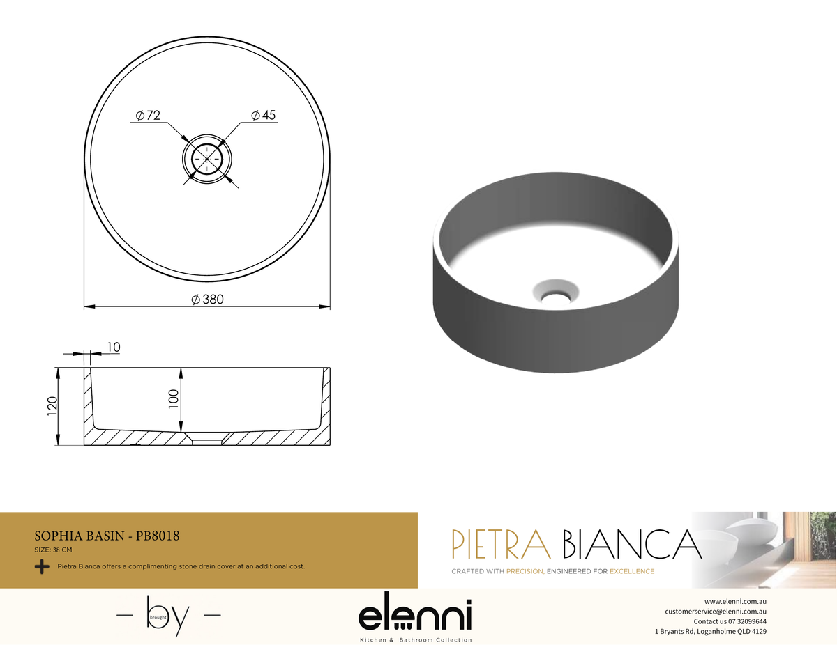 Sophia Above Counter Basin - Elenni specification drawing