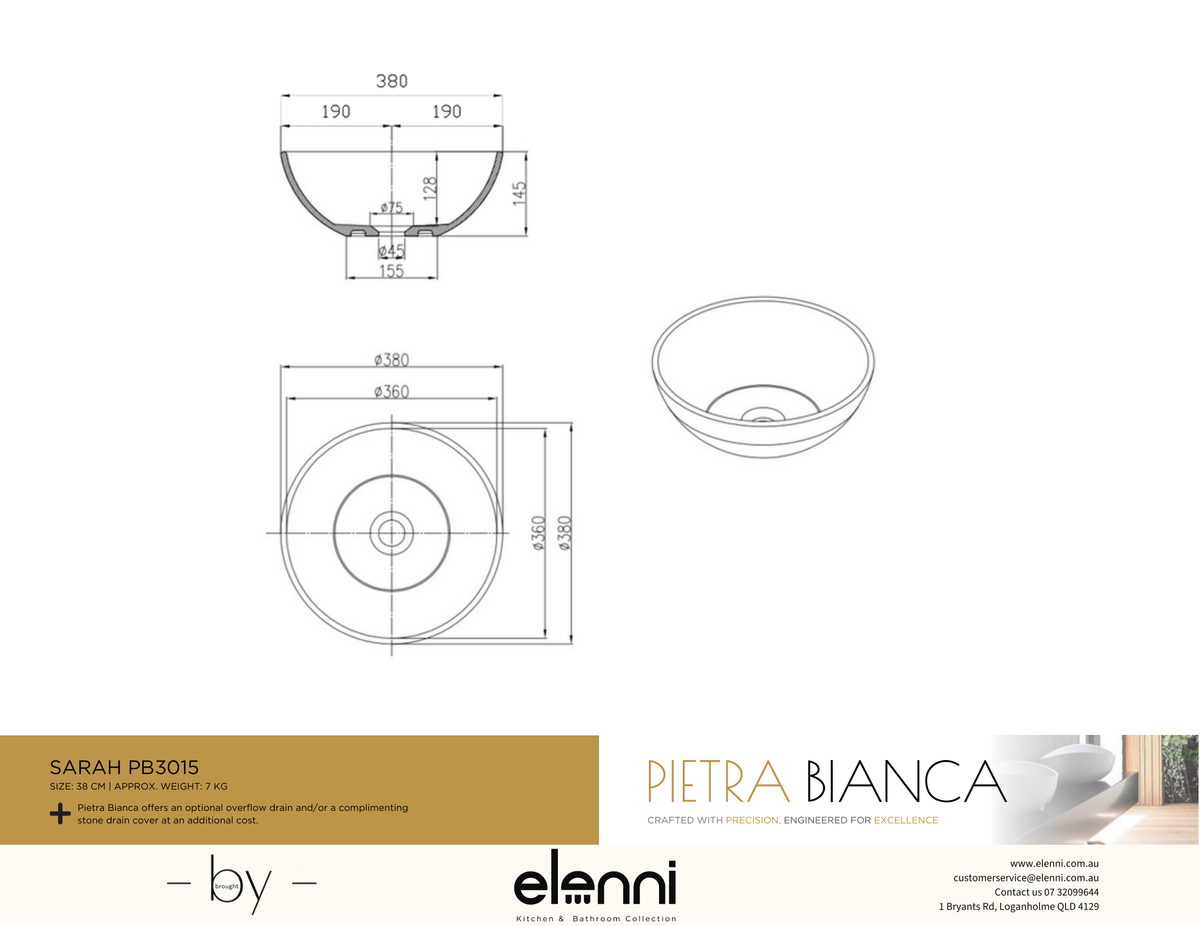 Sarah Above Counter Basin - Elenni specification drawing