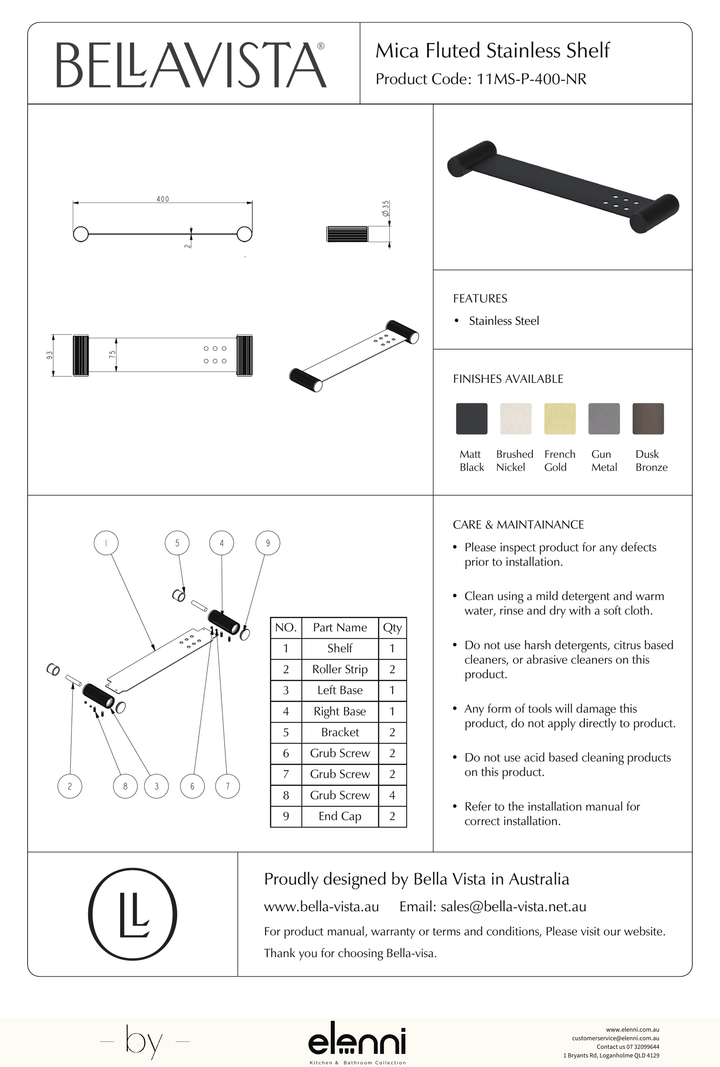 Mica Fluted Stainless Shelf - 400mm - Elenni specification drawing