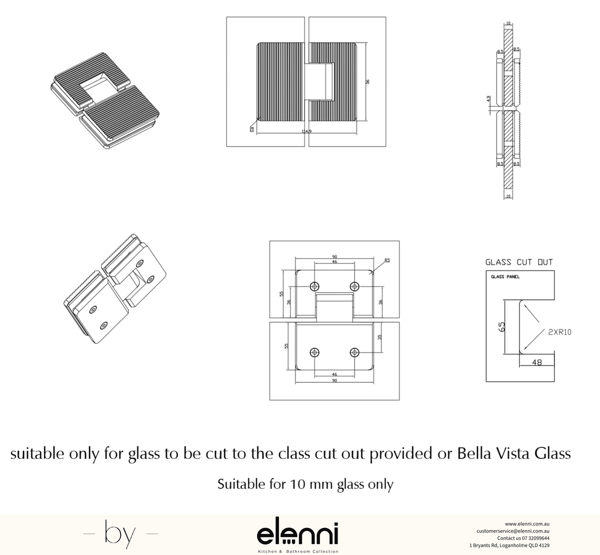 Shower Screen Hinge - Fluted - Glass To Glass - Elenni specification drawing