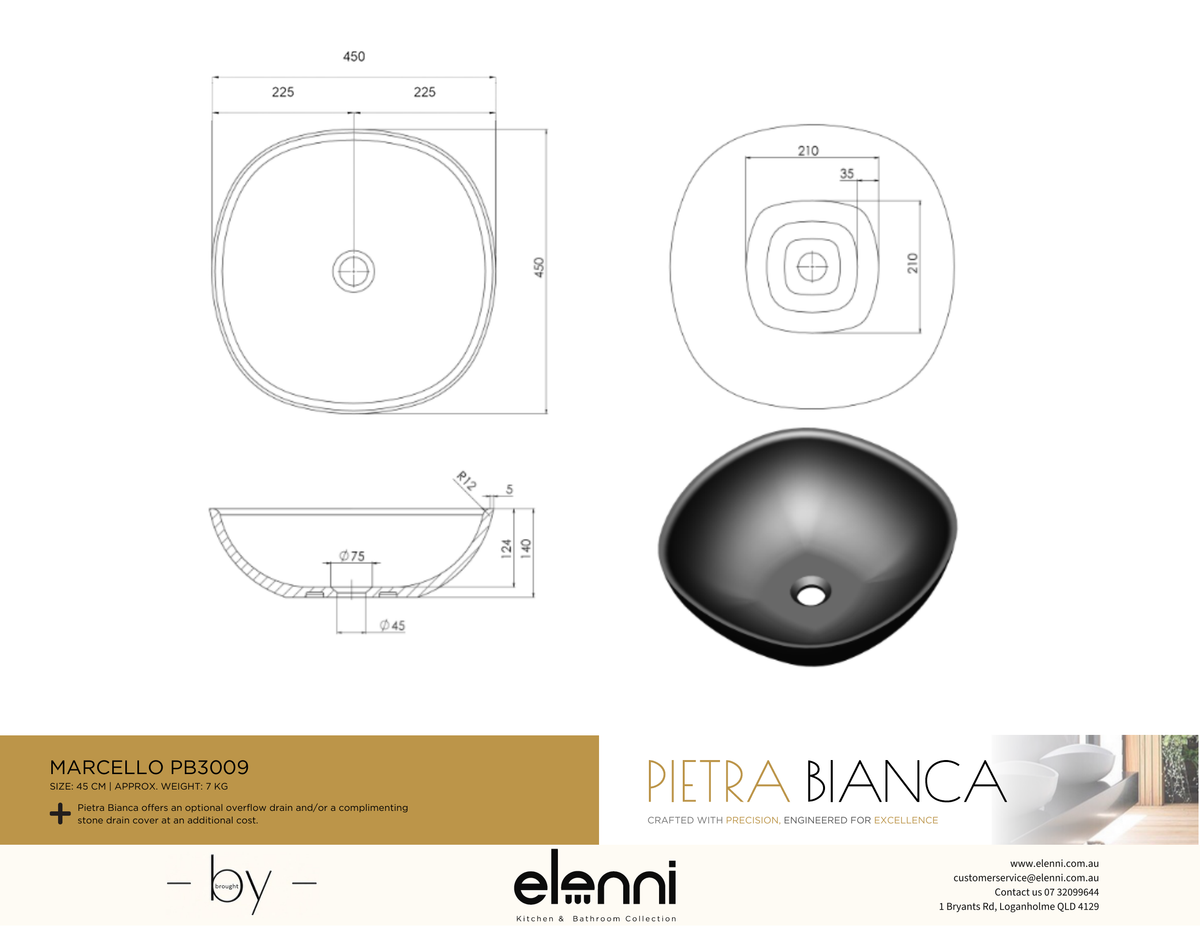Marcello 450mm Above Counter Basin - Elenni specification drawing