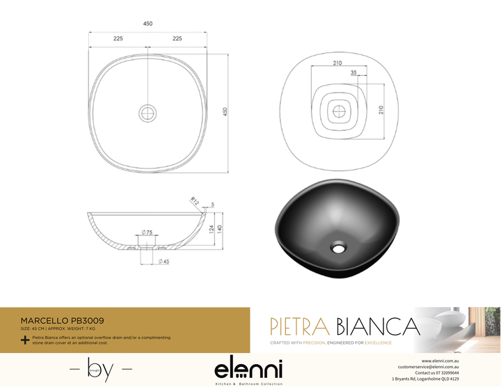 Marcello 450mm Above Counter Basin - Elenni specification drawing