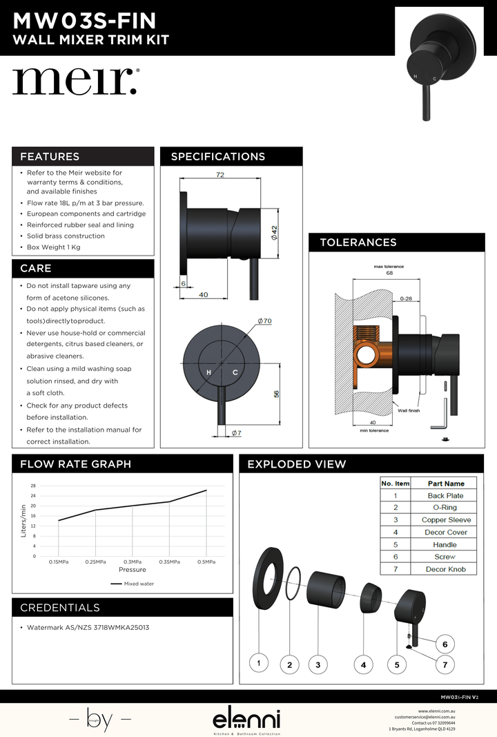 Round Wall Mixer Short Pin lever Trim Kit (In-wall Body Not Included) - Elenni specification drawing