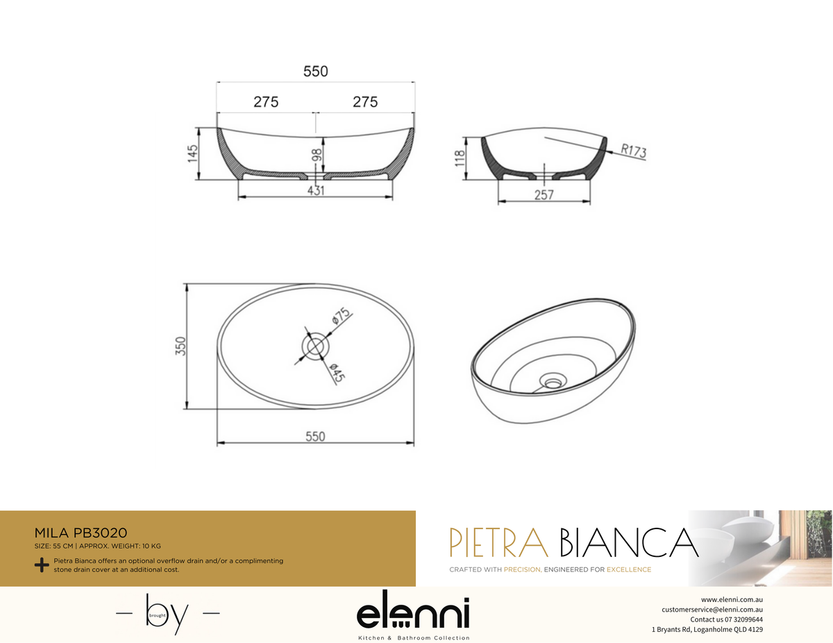 Mila Above Counter Basin - Elenni specification drawing