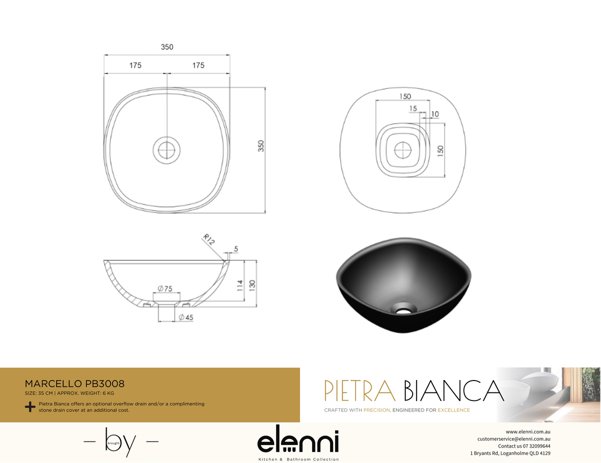 Marcello 350mm Above Counter Basin - Elenni specification drawing