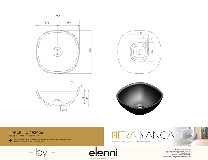 Marcello 350mm Above Counter Basin - Elenni specification drawing