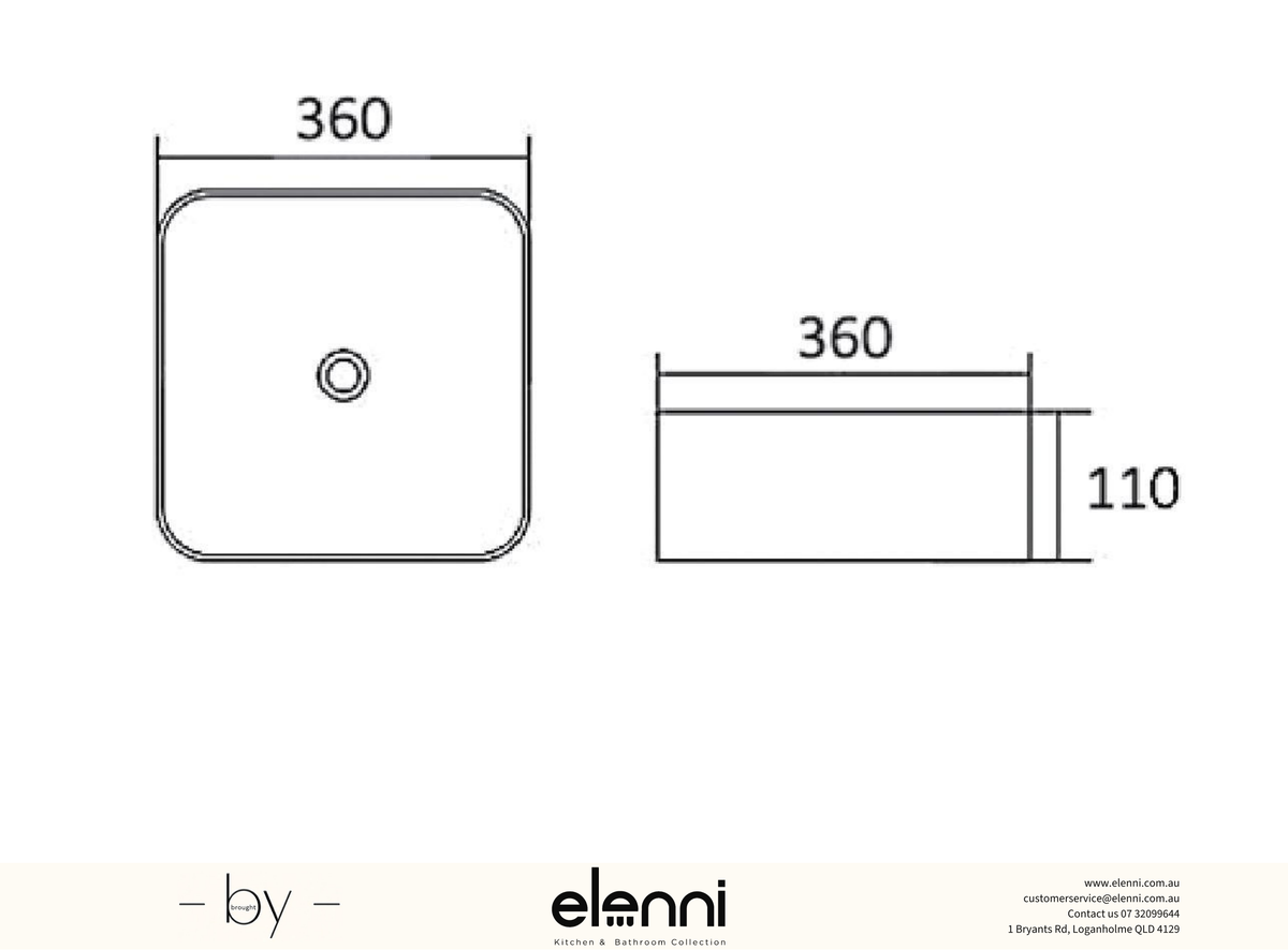 Artis Cubix 360x360x110 Matte Black Basin - Elenni specification drawing