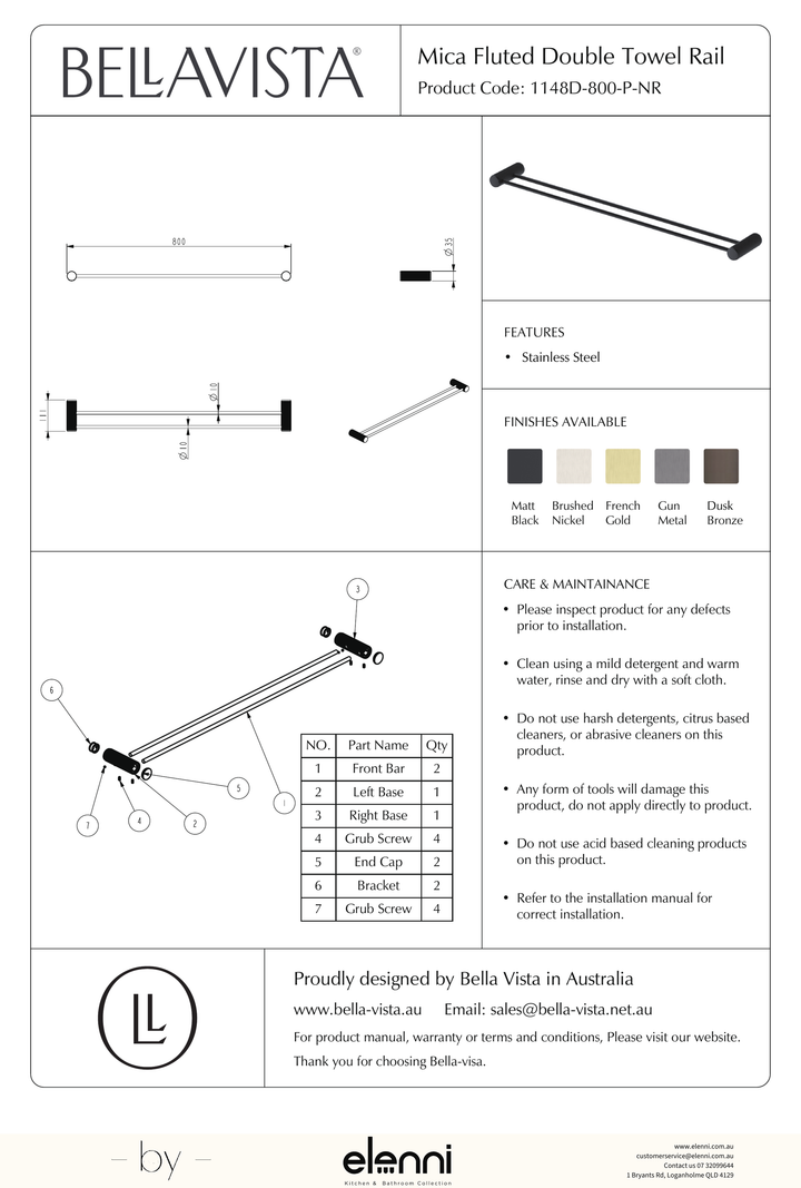 Elenni specification drawing — Mica Fluted Double Towel Rail 800mm