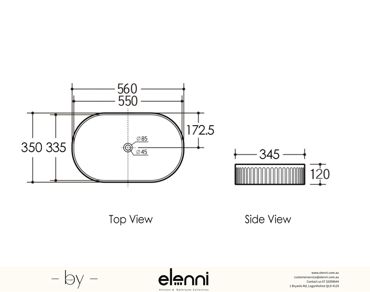 Kensington Oval 560x350x120 Matte Black Basin - Elenni specification drawing