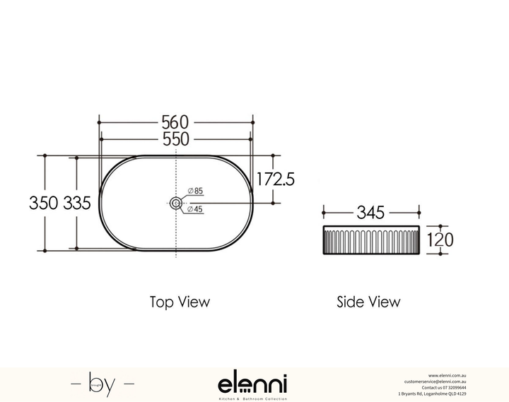 Kensington Oval 560x350x120 Matte Black Basin - Elenni specification drawing