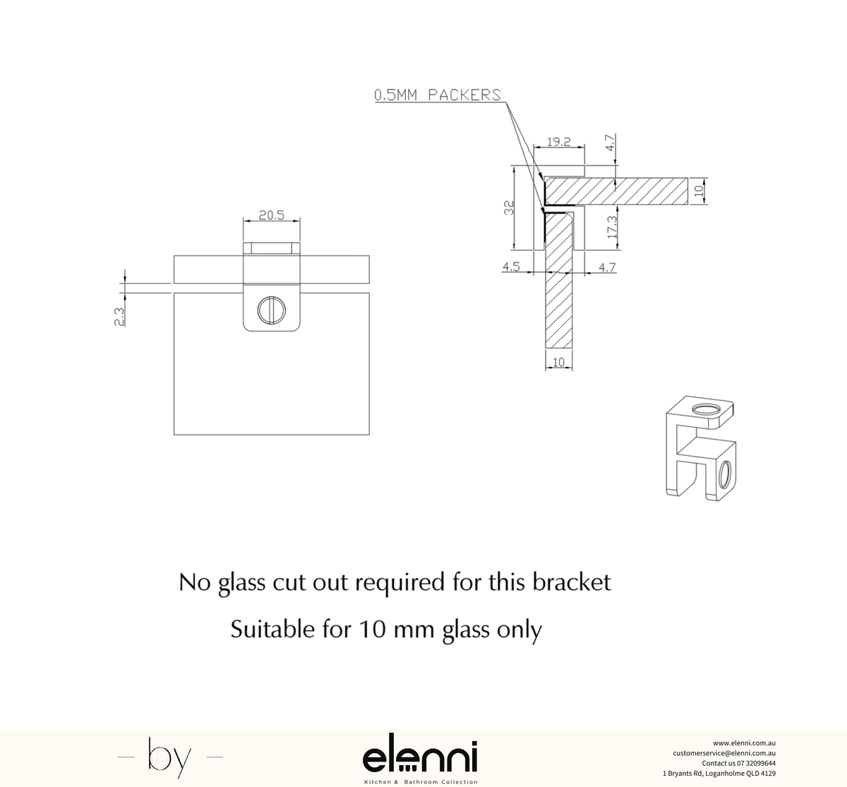 Shower Screen Top Plate Bracket - Elenni specification drawing