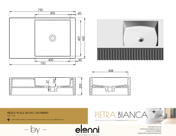 Briza Wall Hung 750mm Wall Hung Basin - Elenni specification drawing