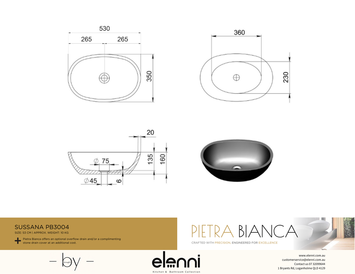 Sussana Above Counter Basin - Elenni specification drawing