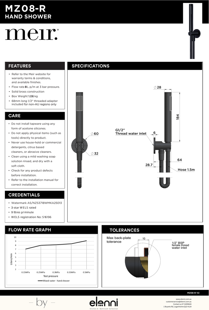 Round Hand Shower on Fixed Bracket - Elenni specification drawing