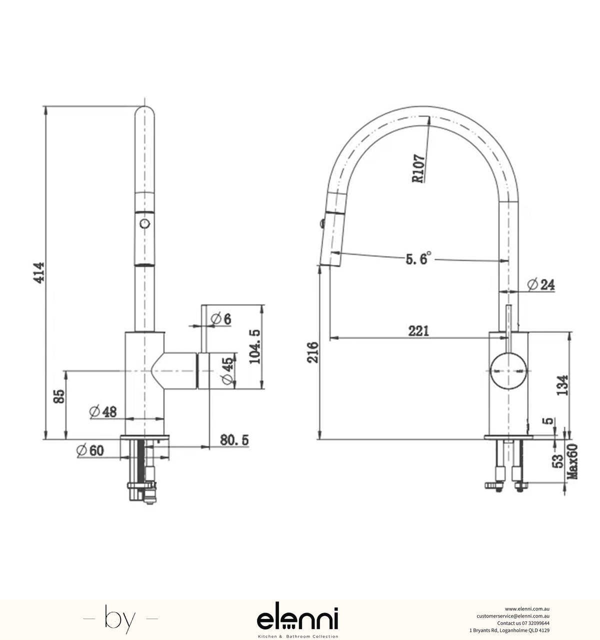 Elenni specification drawing — Mica Pull-Out Sink Mixer