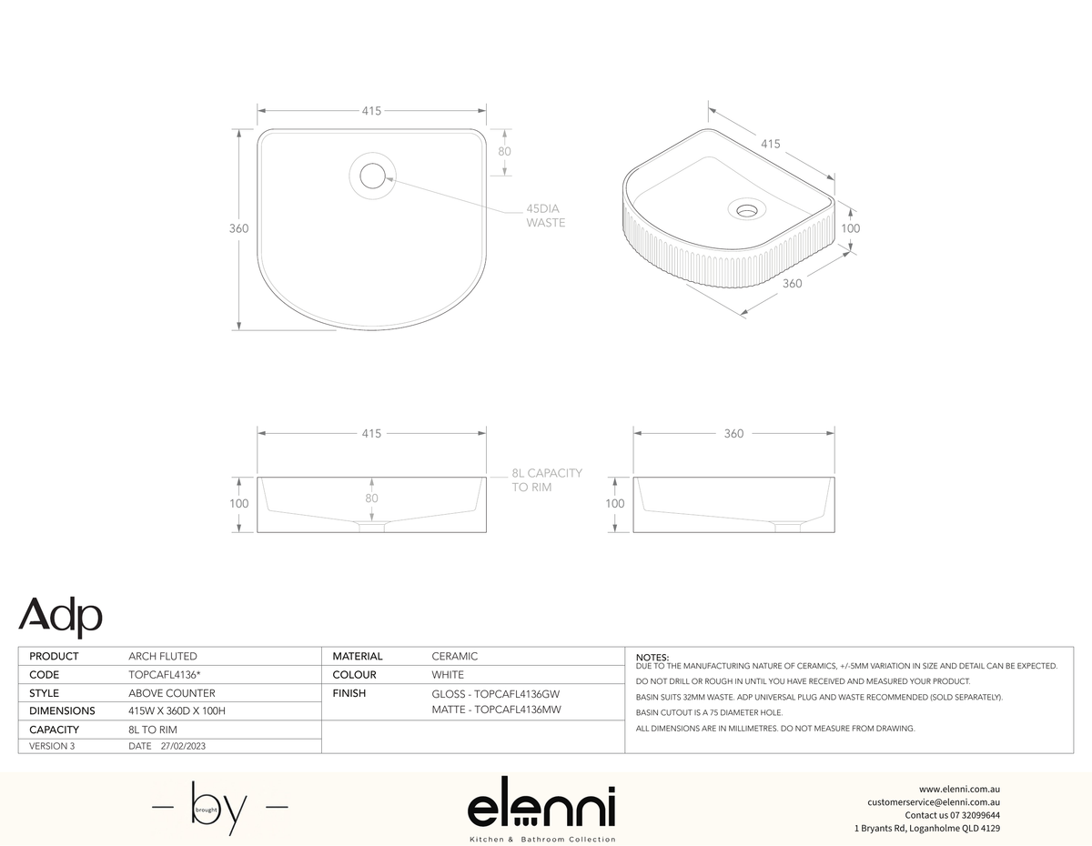 Arch Fluted - Elenni specification drawing