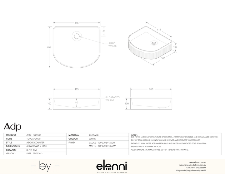 Arch Fluted - Elenni specification drawing