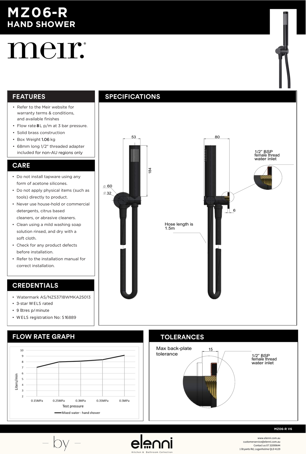 Round Shower on Swivel Bracket - Elenni specification drawing