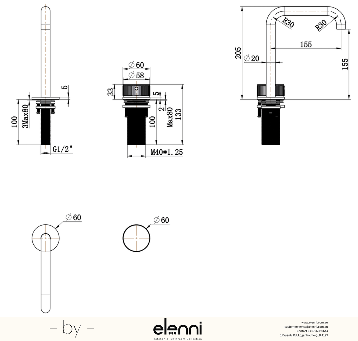 Elenni specification drawing — Mica Fluted Soft-Square Hob Basin Mixer Set