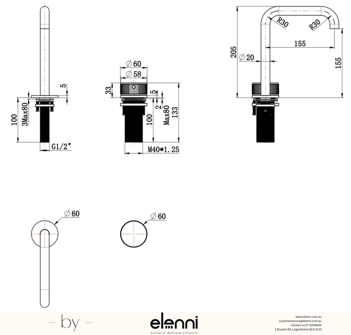 Elenni specification drawing — Mica Fluted Soft-Square Hob Basin Mixer Set