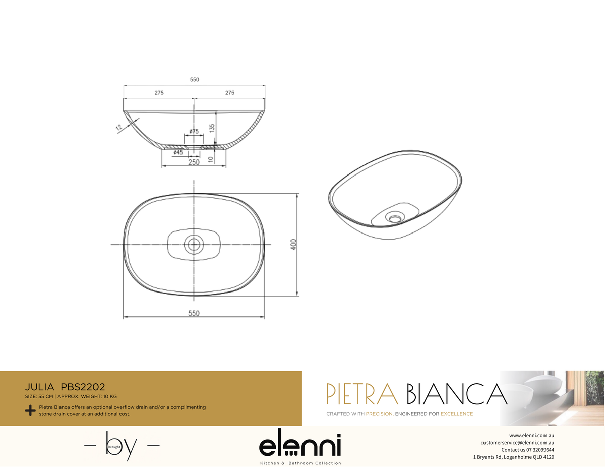 Julia Above Counter Basin - Elenni specification drawing