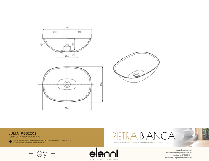 Julia Above Counter Basin - Elenni specification drawing