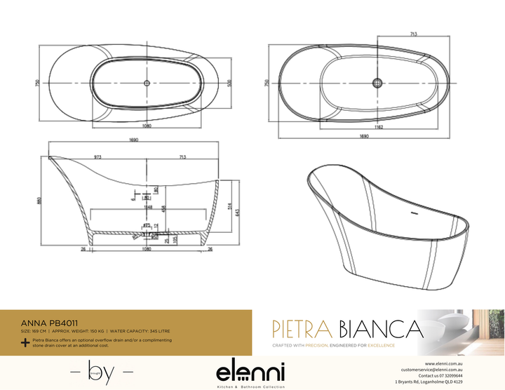 Anna Freestanding Bath - Elenni specification drawing