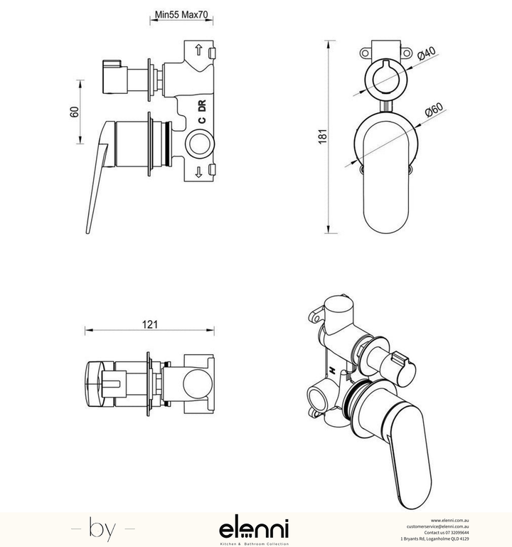 Bella Vista Lantra Shower Mixer Diverter - 2P - Trim Kit Only - Elenni specification sheet