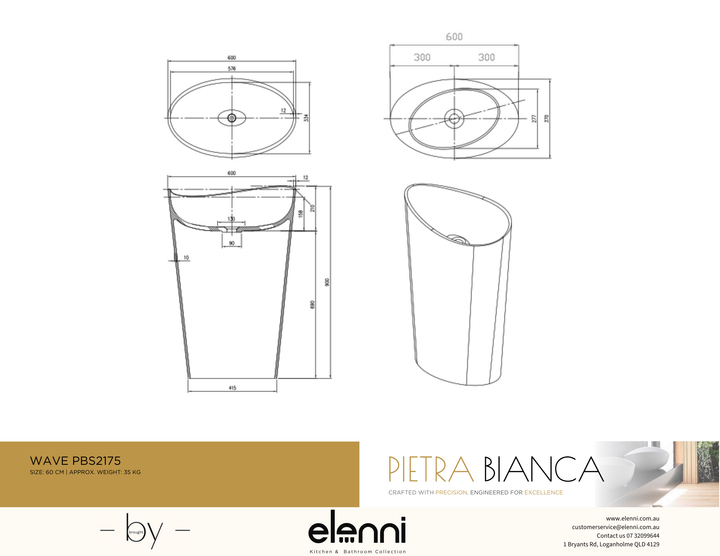 Wave Freestanding Pedestal Basin - Elenni specification drawing