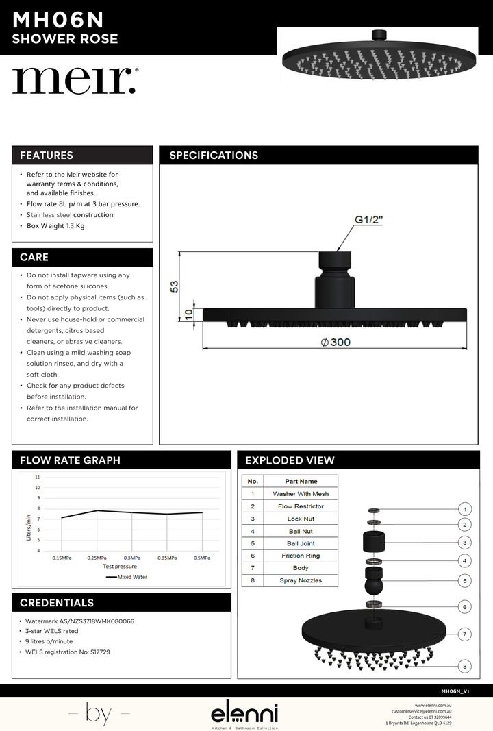 Round Shower Rose 300mm - Elenni specification drawing