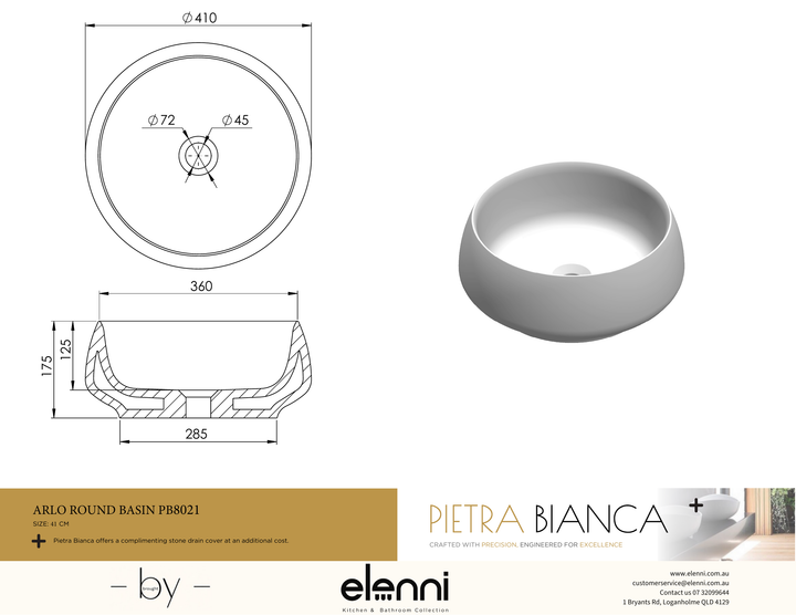 Arlo Above Counter Basin - Elenni specification drawing