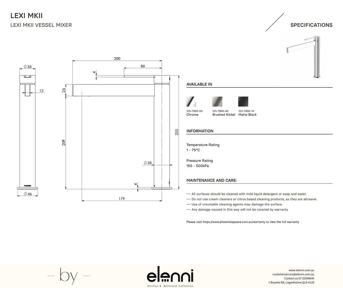 Lexi MKII Vessel Mixer - Elenni specification drawing