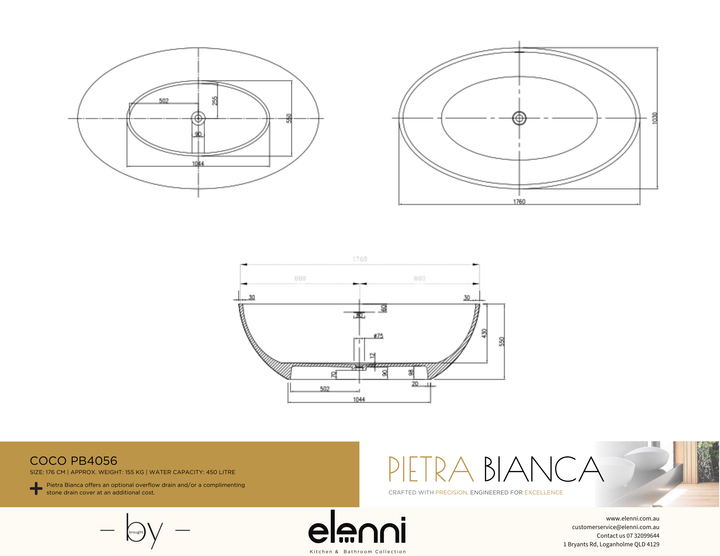 Coco Freestanding Bath - Elenni specification drawing