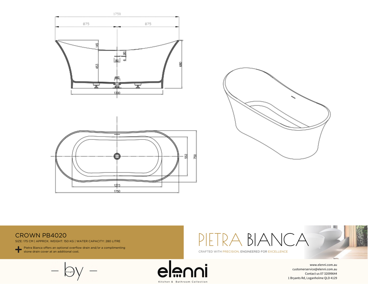 Crown Freestanding Bath - Elenni specification drawing