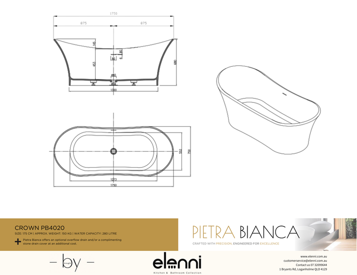 Crown Freestanding Bath - Elenni specification drawing